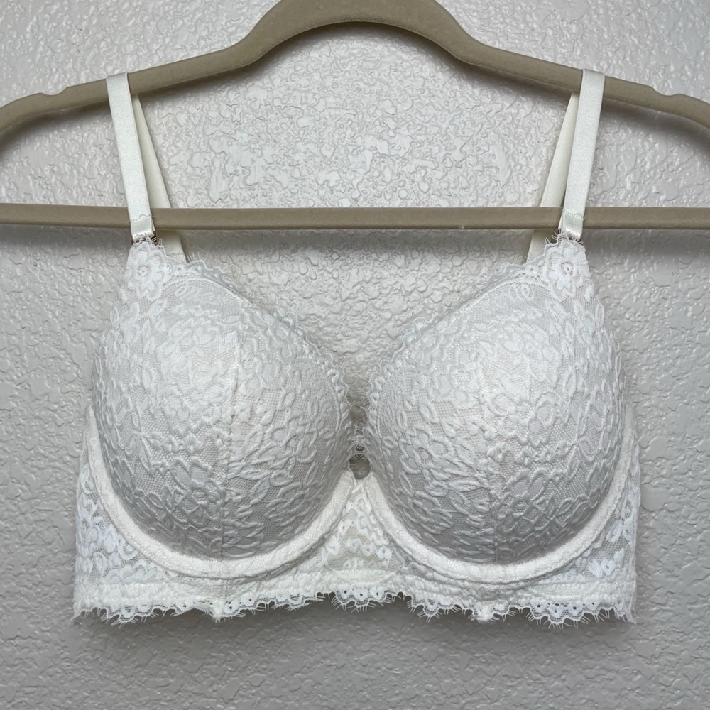 Aerie Real Power Plunge Ivory Eyelash Lace Push-Up Bra - 32DD